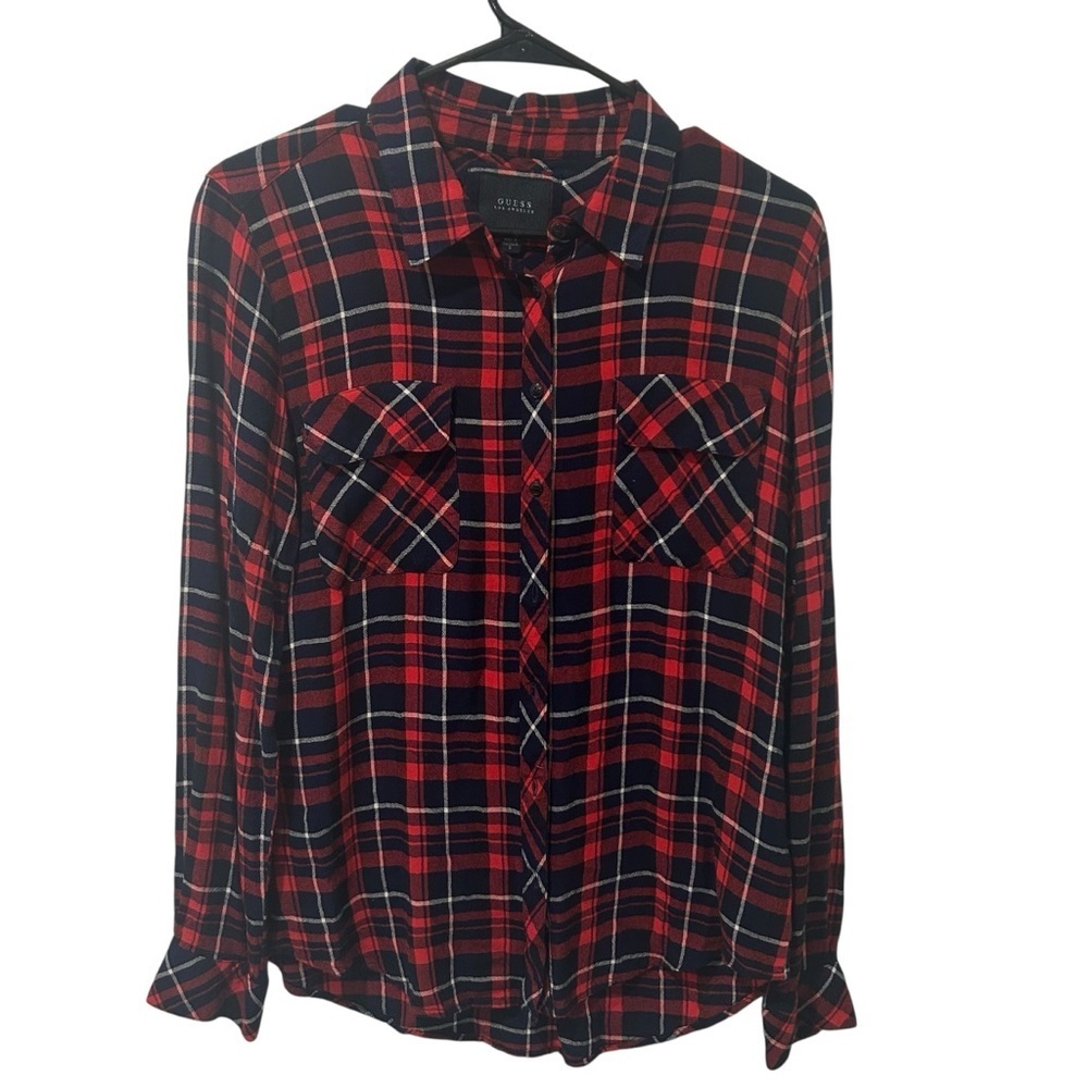 Guess Los Angeles Women’s Plaid Button-Up Shirt Red Navy lightweight Size S - Picture 2 of 6